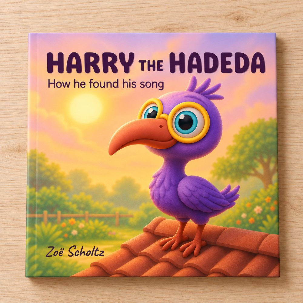 Cover of Harry the Hadeda: How he found his song, by Zoë Scholtz. A purple hadeda with big yellow glasses sits on a tiled roof at sunrise.