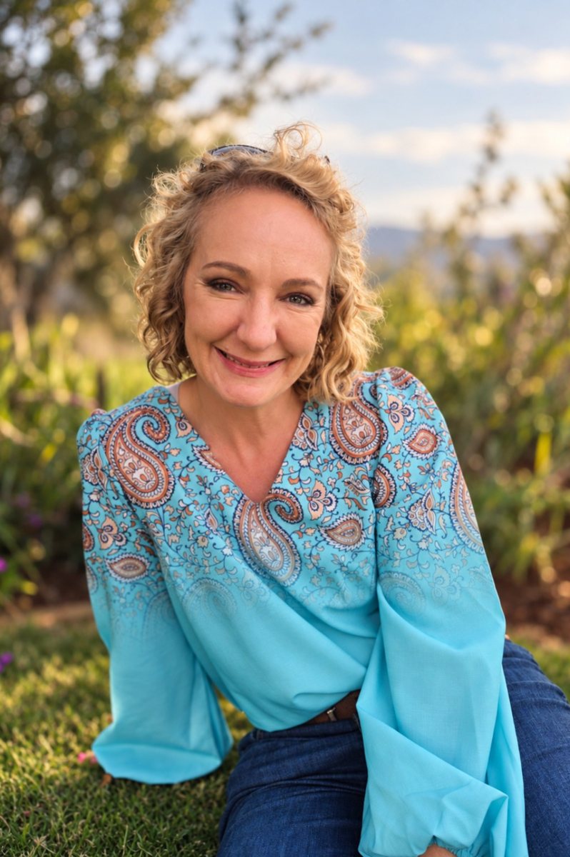 Portrait of Zoë Scholtz, smiling, in a turquoise paisley top, sitting in a garden.